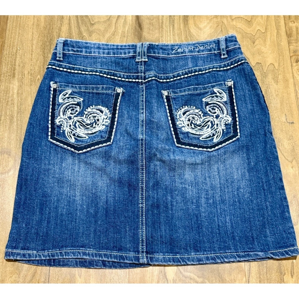 Y2K Zenim Denim Mini Skirt Embroidered Rhinestone Pockets Blue Jean Skirt Size 8